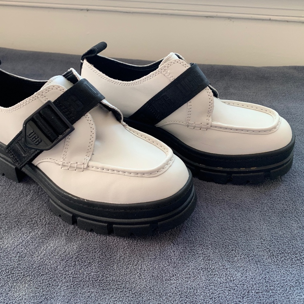 UGG Women’s Chunky Buckle Strap Platform Loafers – White/Black – Size 8
